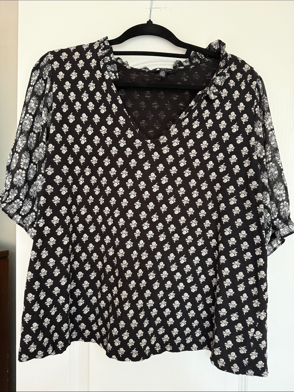 Lucky Brand Black Blouse with White Floral Motif